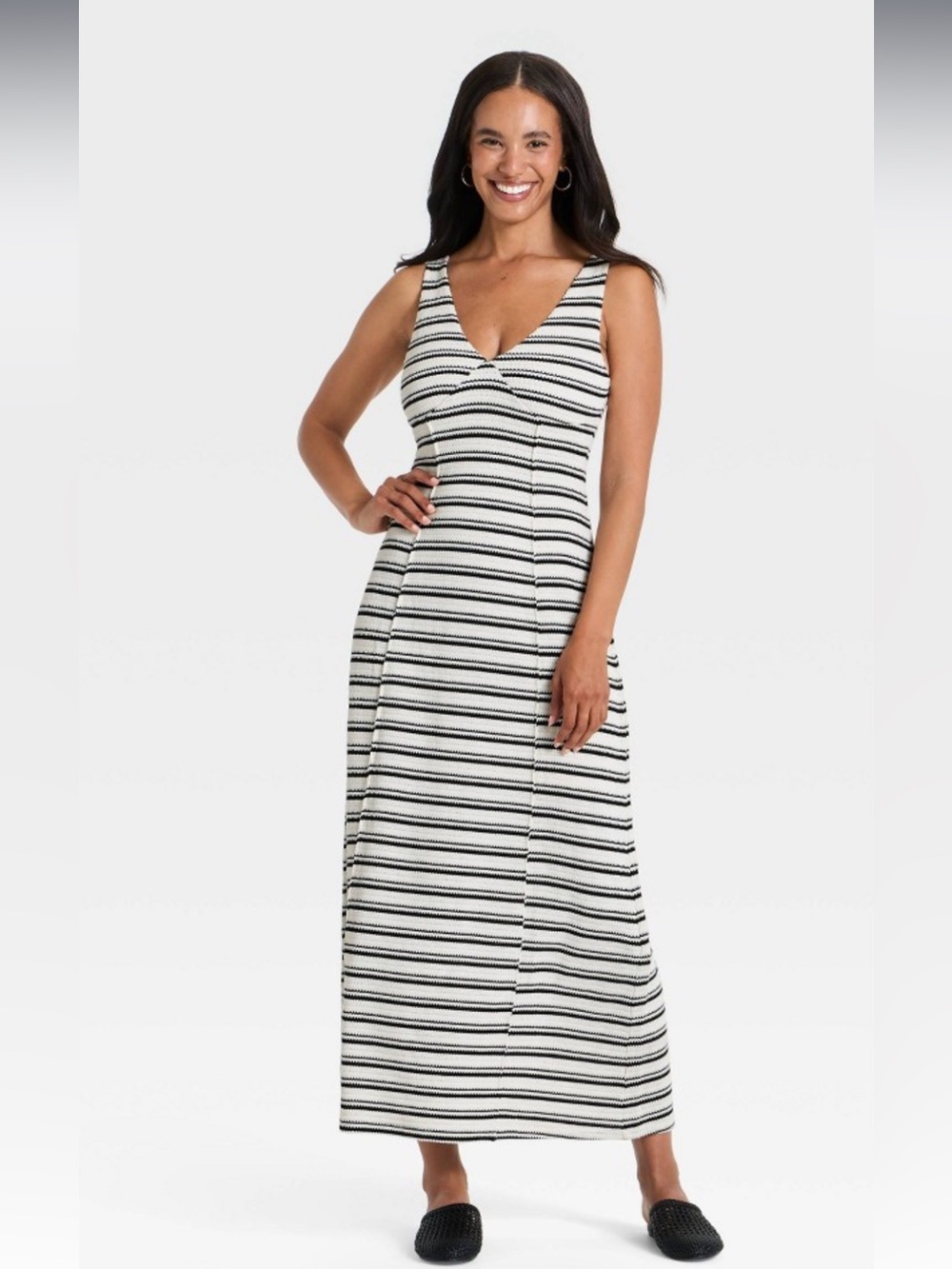 Universal Thread Striped V-Neck Maxi Dress in cream and Black